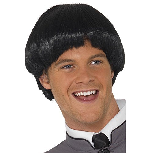Man wearing a black, rounded bowl cut wig, 1960s style.
