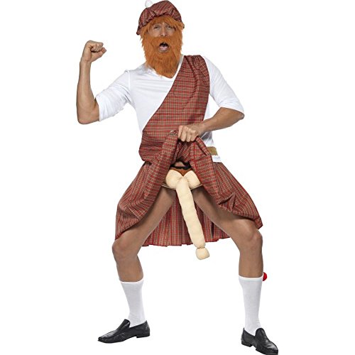 Man in a red tartan kilt and beard costume, posing playfully.
