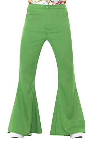 Bright green flared trousers, studio shot on a white background.