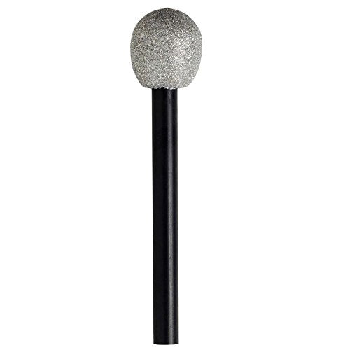 Silver glitter microphone with black handle, shown being held by a person.