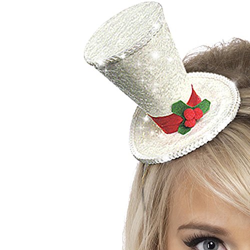 Small, sparkly silver top hat with holly, attached to hair.