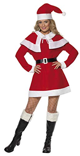 Woman wearing a red Miss Santa costume with white trim.