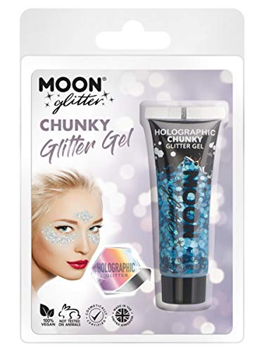 Blue holographic chunky glitter gel in a tube, with face application example.