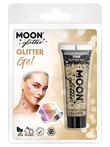 Gold glitter gel tube with packaging showing glitter on a model’s face.