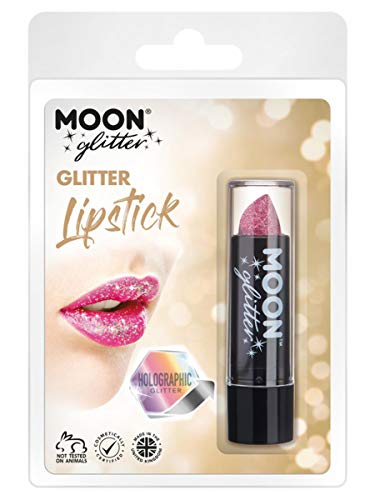 Pink glitter lipstick in black tube, packaged in clear plastic.
