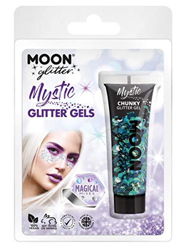 Tube of mixed-color chunky glitter gel with packaging and model.
