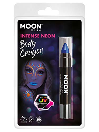 Packaging for a blue neon UV body crayon with a model wearing neon makeup.