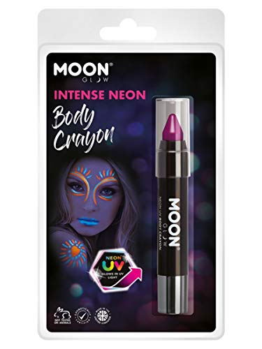 Purple UV body crayon in packaging with a model’s painted face.