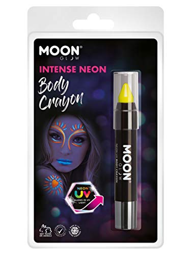 Yellow UV body crayon in packaging, showing face paint example.