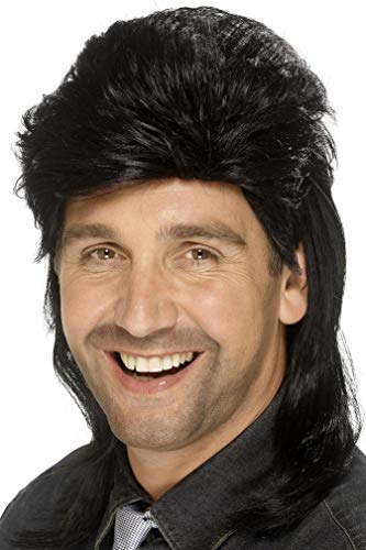 Man wearing a black mullet wig, styled with short front and long back.