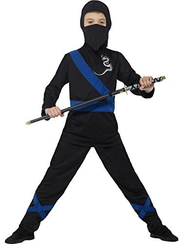 Child in a black ninja assassin costume with a blue sash and sword.
