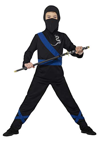 Child in a black and blue ninja assassin costume holding a sword.