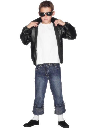 Black leather jacket with logo, worn over white shirt and jeans, on a young boy.