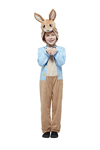 Toddler in a brown Peter Rabbit costume with blue jacket.