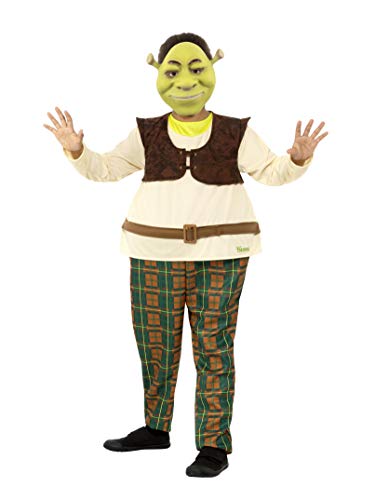 Child wearing a Shrek costume with mask, vest, and plaid pants.