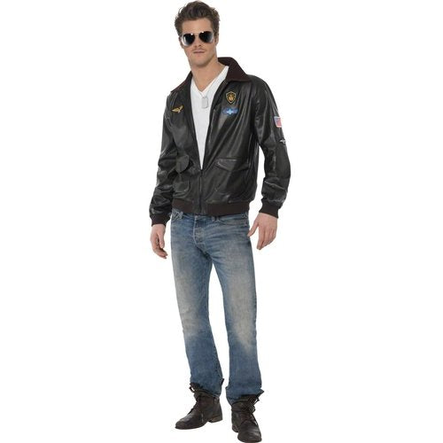 Man wearing a brown leather bomber jacket with patches.