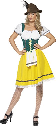 Woman wearing a traditional German dirndl costume with a yellow skirt and green bodice.