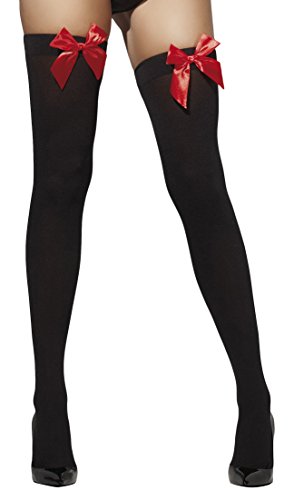 Four pairs of women's legs wearing black stockings with bows on a white background.