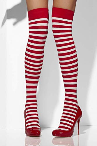 Red and white striped hold-up stockings worn with red high heels.