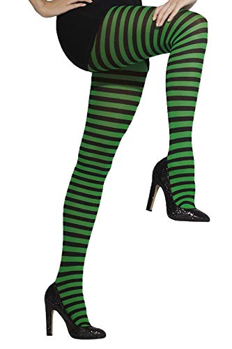 Green and black striped opaque tights worn with black high heels.