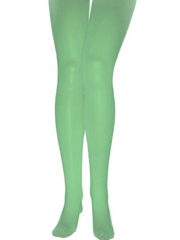 A woman's legs wearing green opaque tights and black high heels against a white background.