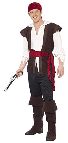 Man in a pirate costume with a red bandana and toy pistol.