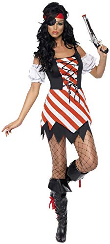 Woman in a red and white striped pirate costume with eye patch and boots.