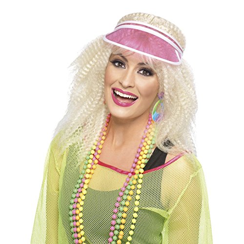 "Man and woman wearing green and pink visors, posing against a white background."