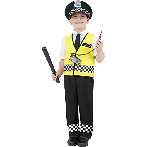 Child wearing a black and yellow Smiffys police officer costume.