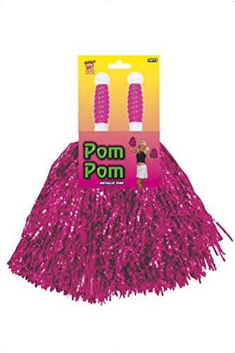 Four pairs of shiny, metallic pom-poms in different colours: pink, silver, blue, and red.