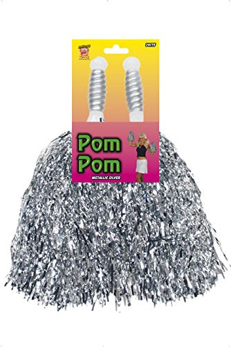 Silver pom-poms with a cardboard packaging displaying the product name and image.