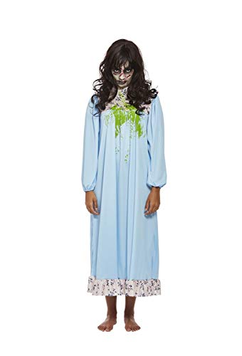 Pale girl in a light blue, stained nightgown with dark, messy hair.