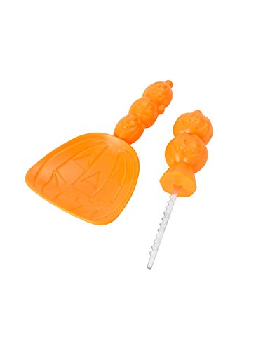 Orange plastic pumpkin carving tools including a scoop and saws.
