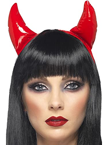 Woman wearing red devil horns on a black headband.
