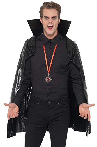 A man wearing a black PVC vampire cape with a high collar.