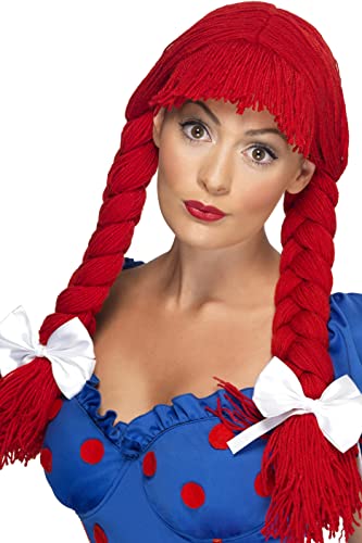 Long red braided wig with white bows, styled like a rag doll.
