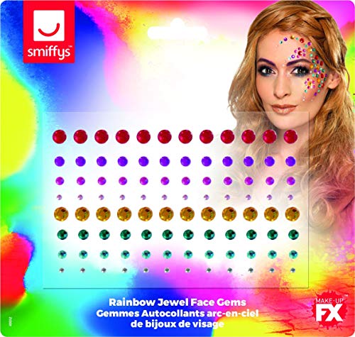 Rainbow face gems on card with model wearing some on her face.