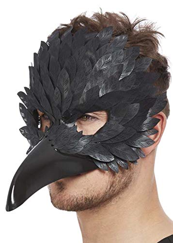 A person wearing a black raven mask with textured feathers and a pointed beak.