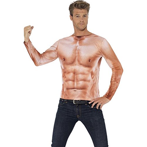Man wearing a long-sleeved shirt printed with a muscular torso.