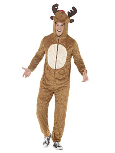 Person wearing a full-body brown reindeer costume with antlers.