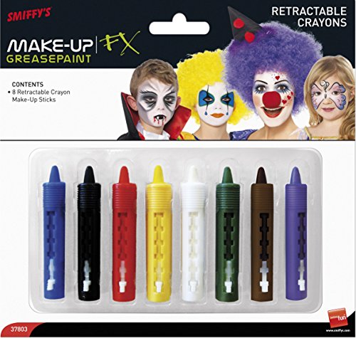 Eight retractable crayon makeup sticks in various colors, arranged in a row on a white background.