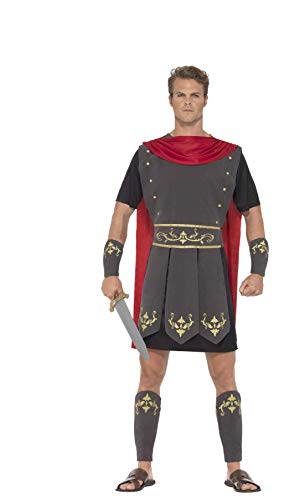 A man wearing a Roman gladiator costume with a red cape and toy sword.