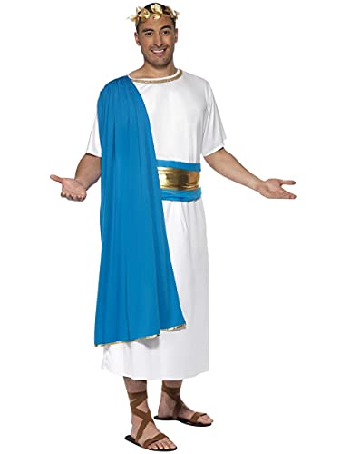Man wearing a white and blue Roman Senator costume with a gold crown.