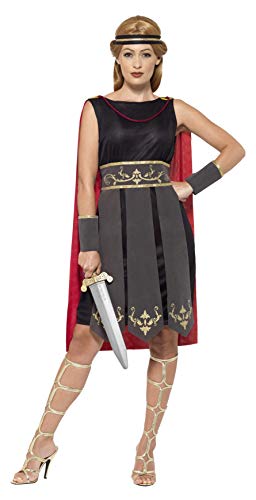 Woman wearing a black and grey Roman warrior costume with a red cape.