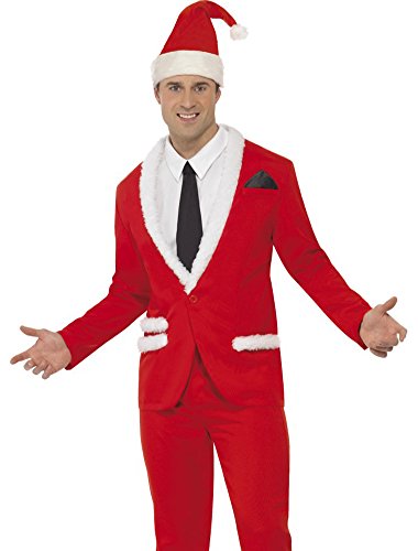Man wearing red suit with white trim, black tie, and Santa hat.