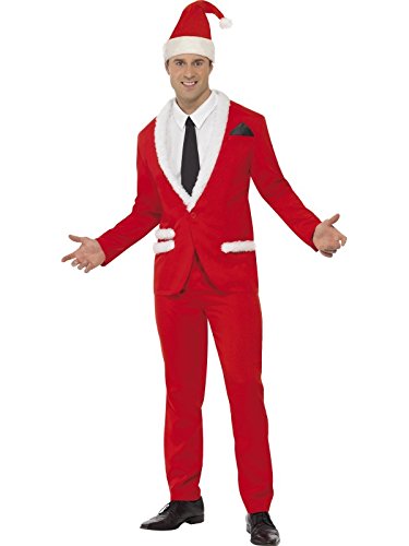 Man wearing red Santa suit with white trim, black tie, and Santa hat.