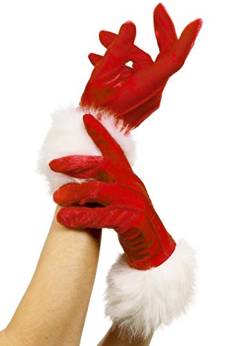 Red Santa gloves with white fluffy cuffs, hands raised in air.
