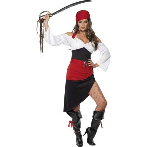 Woman in a pirate wench costume with sword and red headscarf.