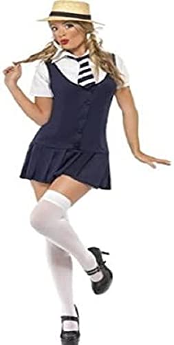 Woman wearing a dark schoolgirl costume with a hat and knee socks.
