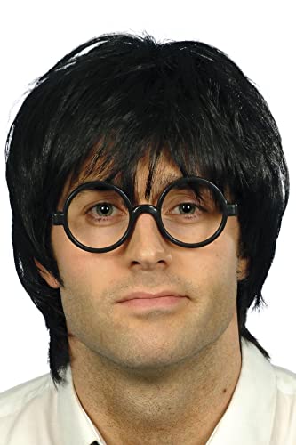 Black wig and round glasses, worn by a person with fair skin.